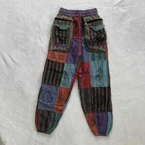 Patchwork Pants Women Small Multicolor Striped Cargo Jogger Elastic Waist Casual